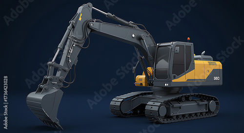 Yellow and gray excavator with extended arm and bucket