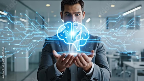 Businessman with Glowing AI Brain Icon - A businessman in a suit holds a glowing AI brain icon, suggesting concepts of artificial intelligence and digital technology.