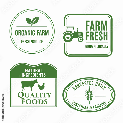 Organic products label. Set of green brush badges for healthy food. Organic, bio, vegan, raw, healthy food, sugar free, fresh grunge badges collection
