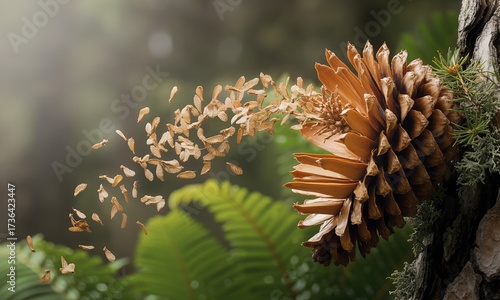 Pine cone with seeds and green leaves in the forest.