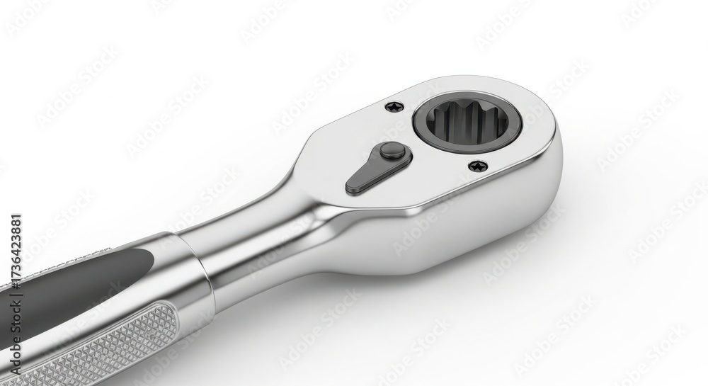 Obraz premium Close-up shot of a polished metal ratchet wrench tool with a black grip white background