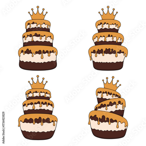 Set of color illustrations cake and golden crown. Isolated vector objects on white background.