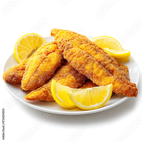 Plate of fried catfish fillets with lemon wedges, isolated on white background.