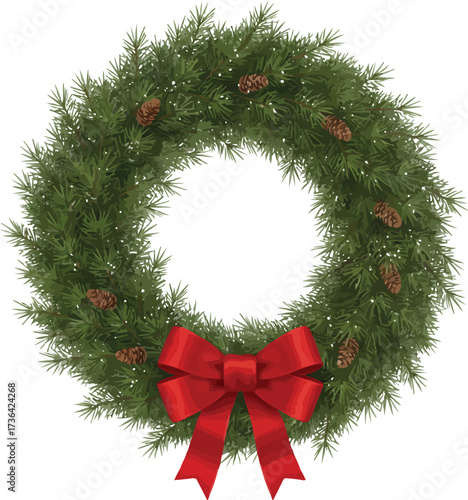 Festive holiday wreath with red bow and pinecones