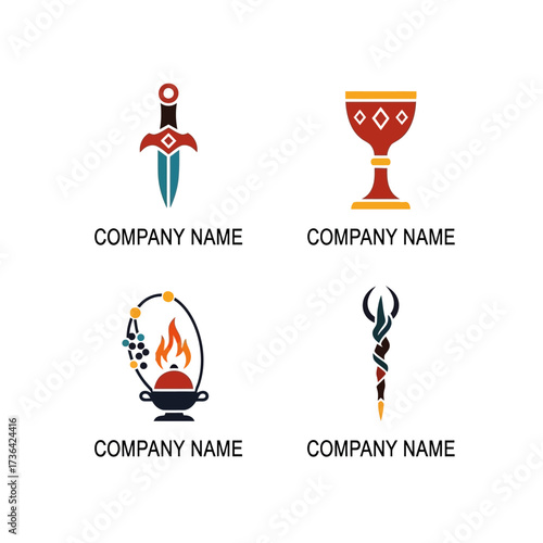 Collection of Symbolic Logos Featuring Sword, Chalice, Cauldron, and Staff Designs.