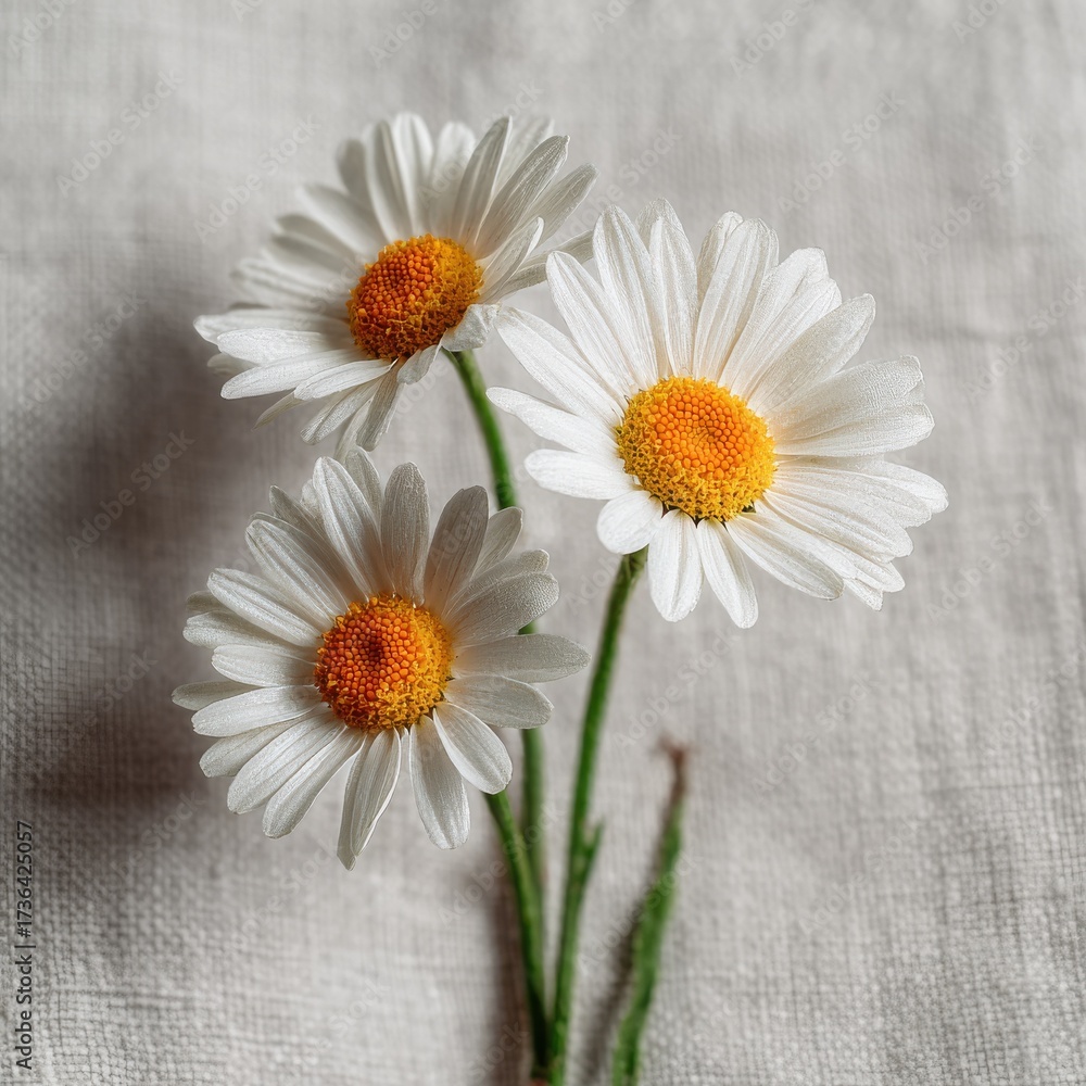 Obraz premium Three charming white daisies resting on a soft textured fabric, evoking a fresh and peaceful natural beauty for soothing designs.