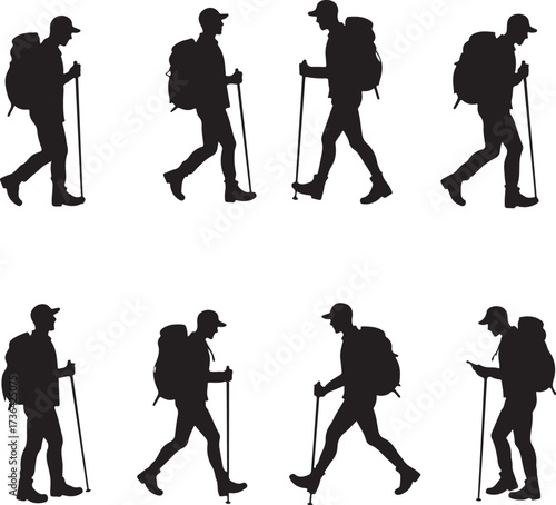 Black silhouette hikers with backpacks and trekking poles