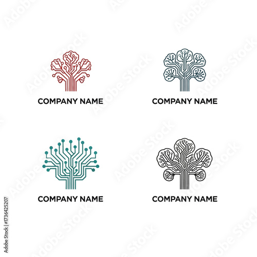 Creative Circuit Board Tree Logo Design Set for Technology Companies.