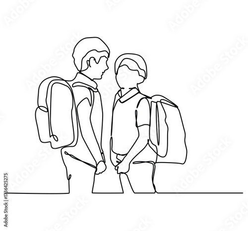 Children going to School with backpacks continuous line drawing, Schoolchildren boy and girl go to school holding hands.
