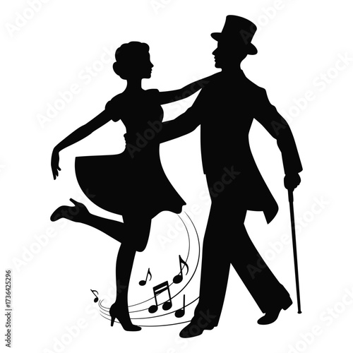 Black and white silhouette illustration of a vintage 1920s dancing couple with top hat, cane, and dynamic musical notes