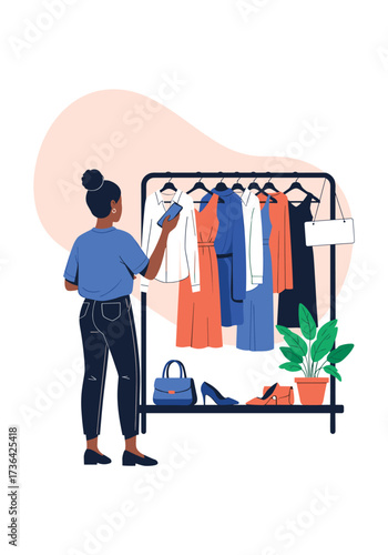 Woman selecting an outfit from a clothing rack in a store.