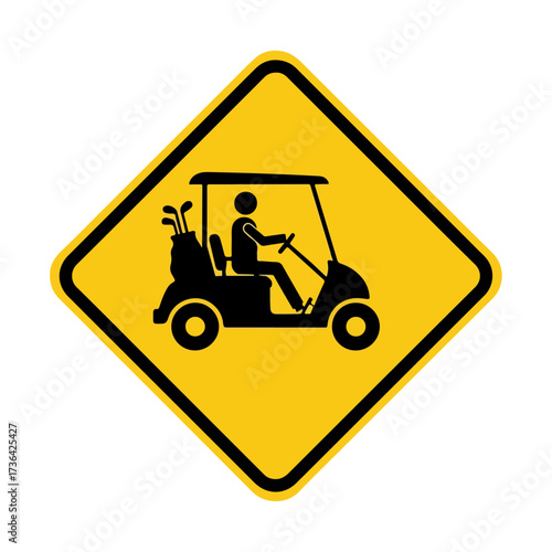 Golf cart warning sign on yellow diamond shape