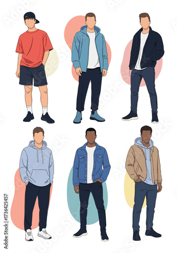 A diverse group of men showcasing modern casual street style fashion.