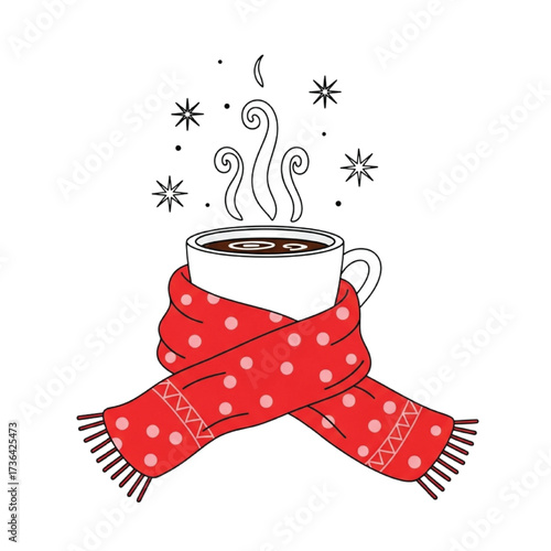 Cozy Hot Drink Wrapped in Red Polka Dot Scarf with Snowflakes coffee