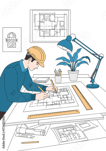 An architect carefully drawing blueprints for a new building project in his office.