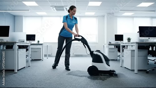 Wallpaper Mural Young Woman Operating Carpet Cleaning Machine in Modern Office Space Torontodigital.ca