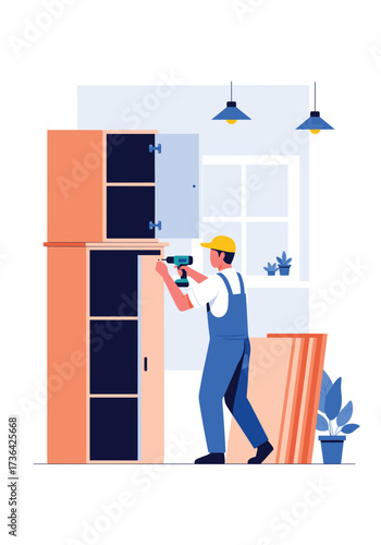 A man in blue overalls is assembling a large cabinet with a drill.