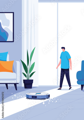 A man watches a robot vacuum cleaner autonomously cleaning the living room floor.
