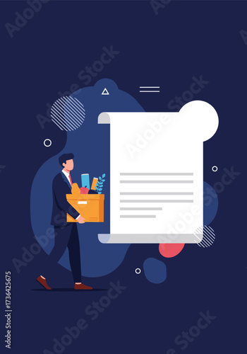 A businessman is carrying a box of personal belongings as he walks away from a scroll symbolizing a termination letter.