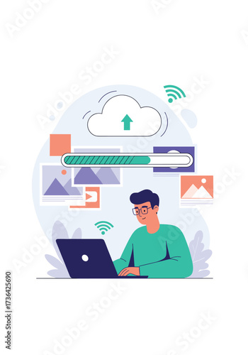 A person uploads files to a cloud storage service on their laptop.