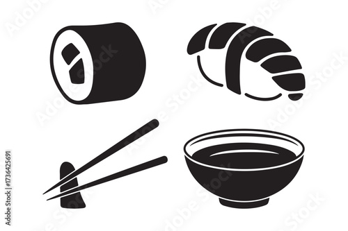 Simple black and white icons of sushi and chopsticks
