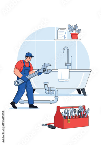 A plumber repairs a bathtub drain with a large wrench near a toolbox.