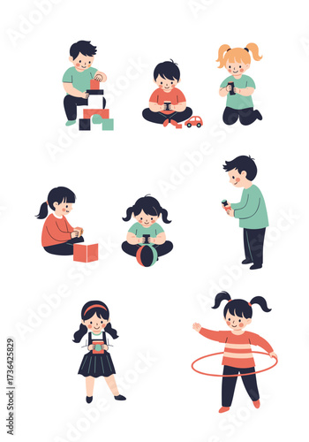 Children engaged in various playful activities and educational games.