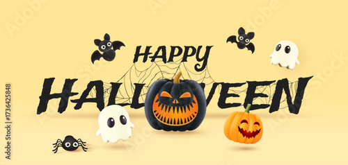 Halloween background with 3d ghost, Jack O Lantern pumpkin, bats. Greeting card for party and sale.