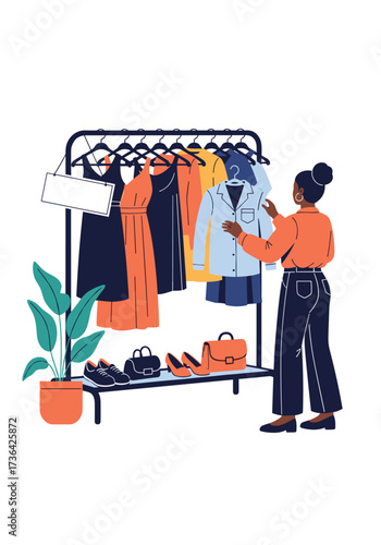 Woman choosing an outfit from a diverse collection of clothing and accessories on a rack.