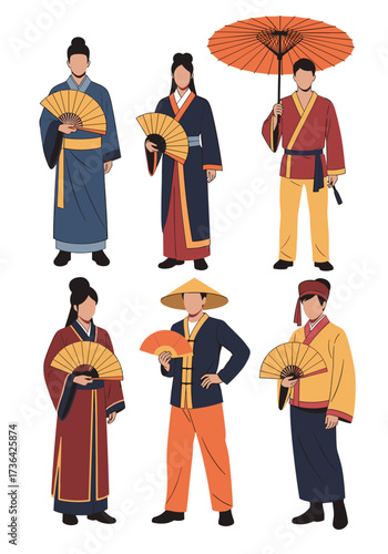 Traditional Chinese clothing styles worn by men and women on a white background.