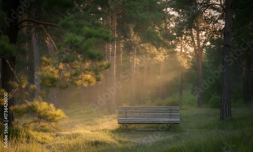 Serene Forest Bench Tranquil Morning Sunlight and Natures Embrace.
