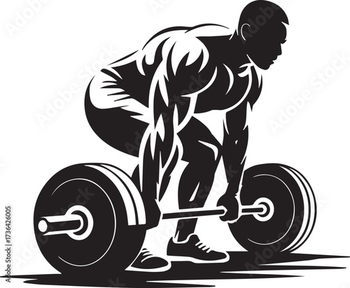 Striking Black Vector Icon Illustration of a Muscular Man Performing a Deadlift, Weightlifting Training Silhouette