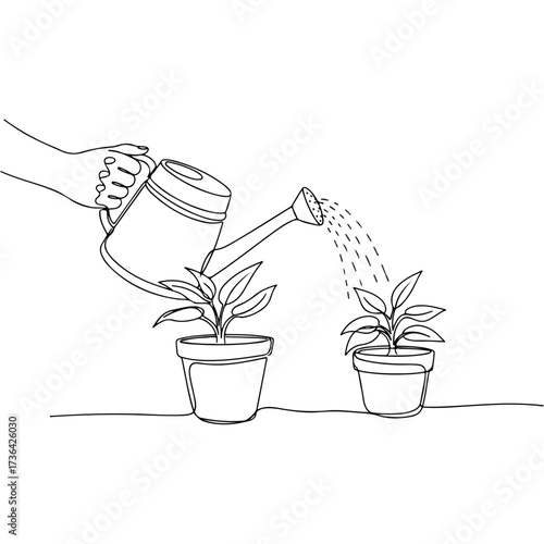 Hand watering potted plants with watering can, line art illustration