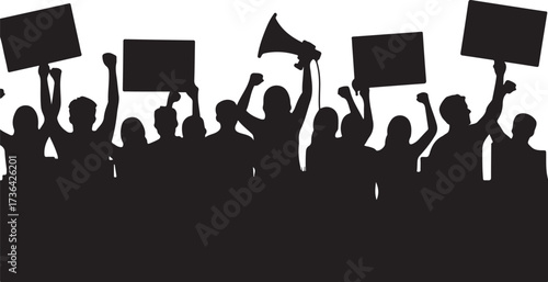 Black silhouette crowd holding signs and megaphone