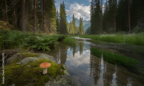 Serene Forest Stream Reflecting Sky and Trees.