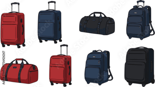 vector set of travel bags and suitcases for travelers isolated on white background. travel suitcases with telescopic handles and spinner wheels

