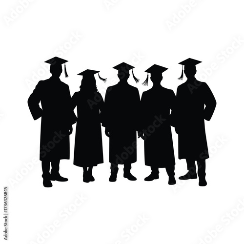 Black and white silhouette illustration of five graduates in academic gowns and mortarboards standing in a row