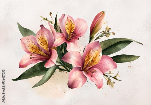 Fototapeta Naklejka Na Ścianę i Meble -  Delicate arrangement of pink alstroemeria flowers with watercolor-like textures, highlighted by gentle golden accents.