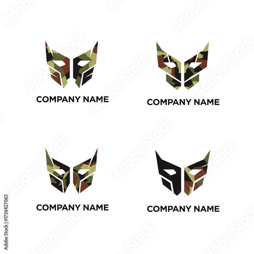 Four Abstract Geometric Masks with Camouflage Texture.