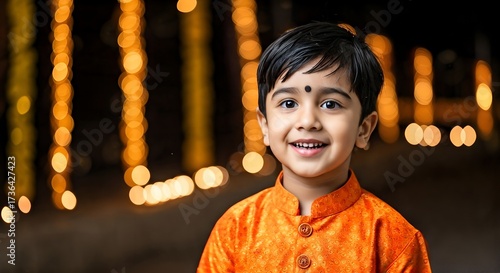 Smiling Indian boy in orange attire with bindi.