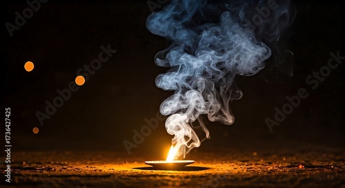 Smoke rising from a small flame in the dark.