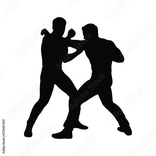 Black and white silhouette illustration of two men in dynamic fight poses with defensive and attacking stances