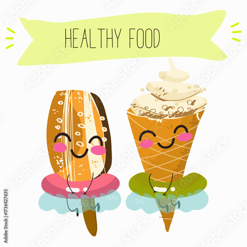 Tasty ice creams, ice-cream cones and popsicle, funny characters, hand drawn vector illustration.