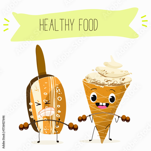 Tasty ice creams, ice-cream cones and popsicle, funny characters, hand drawn vector illustration.