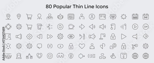 A monochromatic grid of 80 thin line icons, professionally designed for user interfaces. The collection includes various symbols like location pins, shopping carts, settings gears, and security locks.