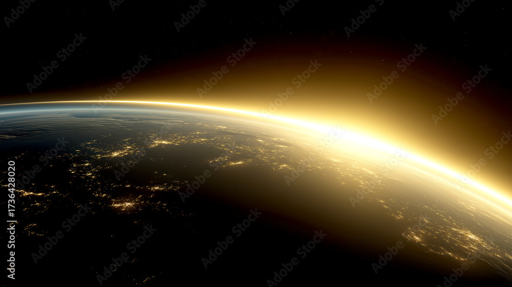Fototapeta premium Sunrise over Earth from space with glowing atmosphere and city lights 