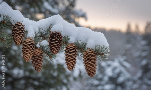 Snowcovered pine cones on a branch in winter.