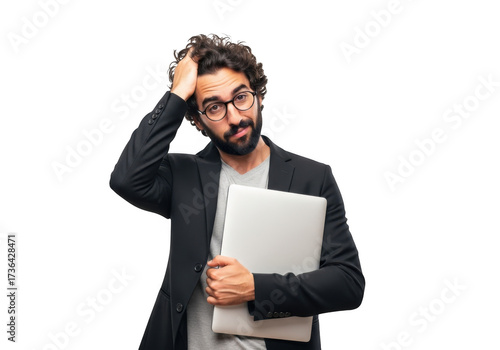 Confused businessman holding laptop scratching head in doubt and frustration portrait isolated on transparent background