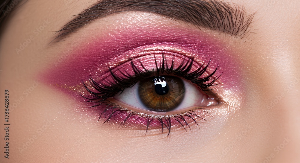 Naklejka premium Close Up Brown Eye with Pink Glitter Eyeshadow and Long Eyelashes in Studio Lighting
