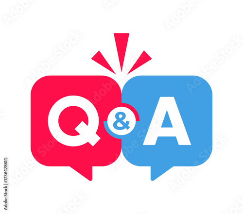 Flat vector Q&A icon with red and blue chat bubbles, perfect for FAQ, support, forum, customer service, and help center design